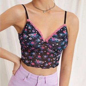 Lace Trim Floral Mesh Crop Top
